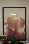 A FRAMED REVERSIBLE PRINT DEPICTING SHIPS