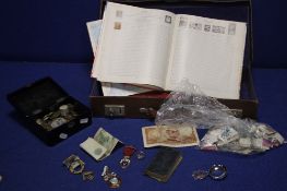 A BOX OF COLLECTABLES TO INCLUDE COINS, STAMPS ETC