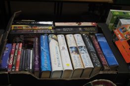 TRAY OF HARD BACK BOOKS PHILIPPA GREGORY TOGETHER WITH 5 CDS AND THREE DVDS
