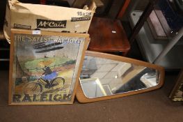 A DANISH MIRROR TOGETHER WITH AN ADVERTISING POSTER