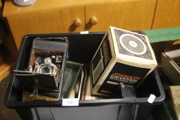 A VINTAGE CABINET CAMERA ALONG WITH PHOTOGRAPHIC EQUIPMENT