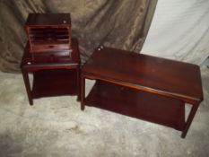 TWO MODERN TABLES, A COFFEE TABLE AND A SIDE TABLE TOGETHER WITH A LETTER TIDY MODERN WRITING BOX