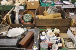 FOUR TRAYS TO INCLUDE CHINA, VINTAGE TEDDY, WEDGEWOOD, PICTURES, BESWICK TOBY JUG ETC (TRAYS NOT