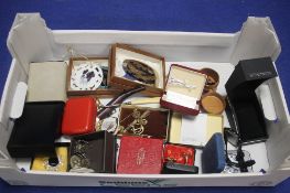 A BOX OF ASSORTED COSTUME JEWELLERY ETC