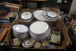 TWO TRAYS OF GRINDLEY DINNER WARE AND A SMALL QUANTITY OF METAL ITEMS ( TRAYS NOT INCLUDED)