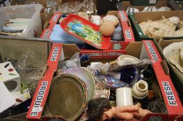 TWO TRAYS OF CHINA , TOYS, PLATES, WEDGEWOOD, ROYAL ITEMS ETC ( TRAYS NOT INCLUDED)