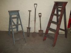 VINTAGE GARDEN TOOLS AND 2 WOODEN STEP LADDERS