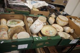 FOUR TRAYS CONTAINING CROWN DEVON JUGS , BOWLS, VASES ETC ( TRAYS NOT INCLUDED )