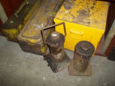 THREE TOOL BOXES OF TOOLS AND 2 BOTTLE JACKS