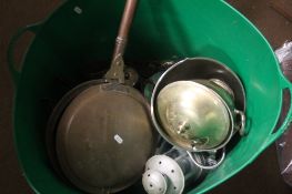 LARGE GREEN TUN CONTAINING METAL ITEMS, BED WARMING PAN , CANDLE HOLDERS ETC