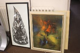 A FRAMED OIL ON BOARD TOGETHER WITH A FRAMED SILHOUETTE TYPE PICTURE