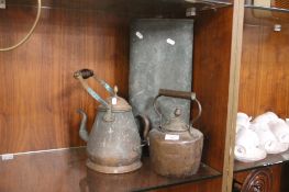 TWO COPPER KETTLES AND A WARMING BOTTLE