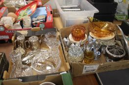 TWO TRAYS OF CUT GLASS AND PLATED ITEMS TO INCLUDE STAY WARM TEA POT AND COFFEE SET (TRAYS NOT