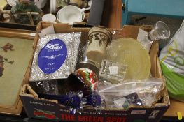 TRAY OF GLASS. SILVER PLATED PHOTO FRAME, VASES ETC( TRAY NOT INCLUDED)