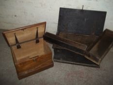 TWO WOODEN ANTIQUE CARPENTERS TOOL BOXES 1 WITH KEY AND LOCK