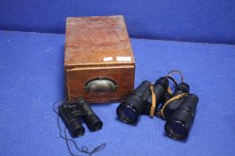 TWO PAIRS OF BINOCULARS AND A VINTAGE WOODEN DRAW