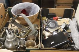 TWO TRAYS TO INCLUDE TANKARDS, CHINA, GLASS, BRASS ETC ( TRAYS NOT INCLUDED)