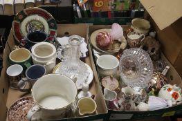 TWO TRAYS OF CHINA , GLASS AND ORNAMENTS (TRAYS NOT INCLUDED)