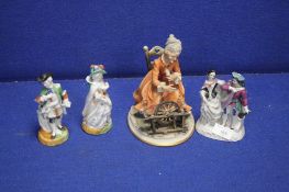 FOUR DECORATIVE FIGURES TO INCLUDE A CAPO DI MONTE FIGURE