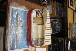 A CASED PICNIC SET AND RMS QUEEN ELIZABETH PUZZLE, CUNARD LETTERS AND TABLE MATS