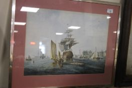 A FRAMED AND GLAZED PRINT DEPICTING A GALLEON