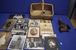 A BASKET CONTAINING A QUANTITY OF STEREOSCOPE CARDS, PHOTOGRAPHS ETC