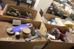 FOUR BOXES CONTAINING VINTAGE TOOLS, PICTURES, RADIOS, COACH LAMP ETC (TRAYS NOT INCLUDED )