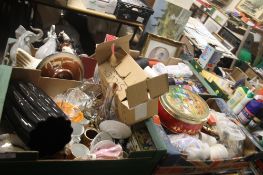 FOUR TRAYS TO INCLUDE CHINA ORNAMENTS, TEA SET , VASES AND SEWING ACCESSORIES (TRAYS NOT INCLUDED)