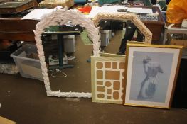 TWO FRAMED MIRRORS, A PICTURE FRAME AND A PRINT