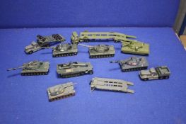 A COLLECTION OF FIVE DINKY TANKS TO INCLUDE FOUR X LEOPARDS AND CHIEFTAN, DINKY AEC ARTICULATED TANK