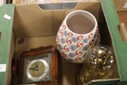 TRAY CONTAINING TWO CLOCKS, ONE DOME, ONE WOODEN FRAMED AND A POOLE VASE ( TRAY NOT INCLUDED)