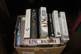 A LARGE BOX OF HARDBACK BOOKS AUTHORS TO INCLUDE STEPHEN KING , BEN ELTON AND JEFFERY ARCHER