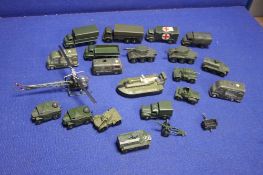 A COLLECTION OF NINETEEN DINKY MILITARY TANKS, LORRIES, TRUCKS, GUNS AND HOVERCRAFT, TOGETHER WITH
