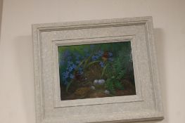 OIL ON PANEL OF NEST WITH SCATTERED EGGS AND BUTTERFLIES SIGNED LOWER MIDDLE 42 CM X 36 CM