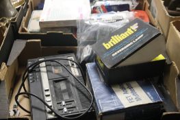 TWO TRAYS CONTAINING A FERGUSON CASSETTE PLAYER, FET ANALOG MULTI TESTER , REVERSING LAMP ,