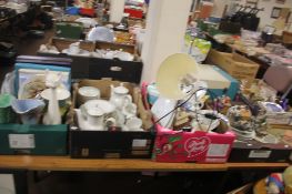 FOUR TRAYS CONTAINING PART ROYAL DOULTON DINNER SET, VASES INCLUDING SYLVAC , WALL PLATES,