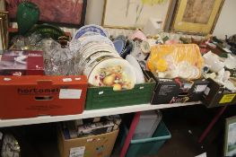 FOUR BOXES OF CHINA AND GLASS TO INCLUDE WALL PLATES, ROYAL WINTON ITEMS, CUT GLASS ETC