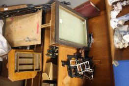 A SMALL JEWELLERY DISPLAY CABINET TOGETHER WITH A SEWING BOX AND PLATE STANDS