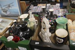 TWO TRAYS , CROWN DEVON VASES, JUGS ETC