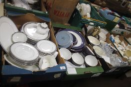 THREE TRAYS OF CHINA AND GLASS TO INCLUDE PART ROYAL DOULTON DINNER SET, DENBY ETC (TRAYS NOT