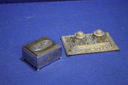 A WMF JEWELLERY BOX TOGETHER WITH A BRASS INK WELL
