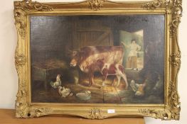 A FRAMED OIL ON BOARD OF CATTLE