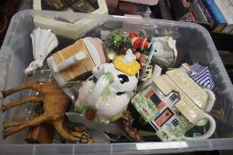 BOX CONTAINING QUANTITY OF GLASS, CHINA , FIGURINES, TEA POTS, CLOCK ETC