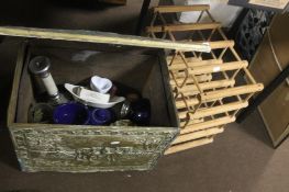 WOODEN WINE RACK WITH A BRASS BOX, CHINA ETC