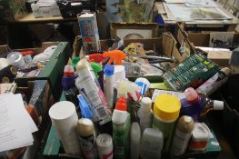 TWO TRAYS CONTAINING TOOLS, ASSORTMENT OF HOUSEHOLD CLEANING PRODUCTS (TRAYS NOT INCLUDED)