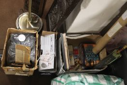 A BOX OF PICTURES, BOOKS , VINTAGE UMBRELLA AND A ALDIS PROJECTOR