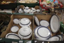 THREE TRAYS OF ROYAL DOULTON DINNER WARE TO INCLUDE TUREENS , PLATES, TEA POTS, CUPS, SAUCER, MILK