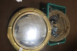 A ROUND BRASS PORTHOLE MIRROR , FOUR FISHING REELS AND A KEEP NET, TOGETHER WITH TWO FISHING RODS