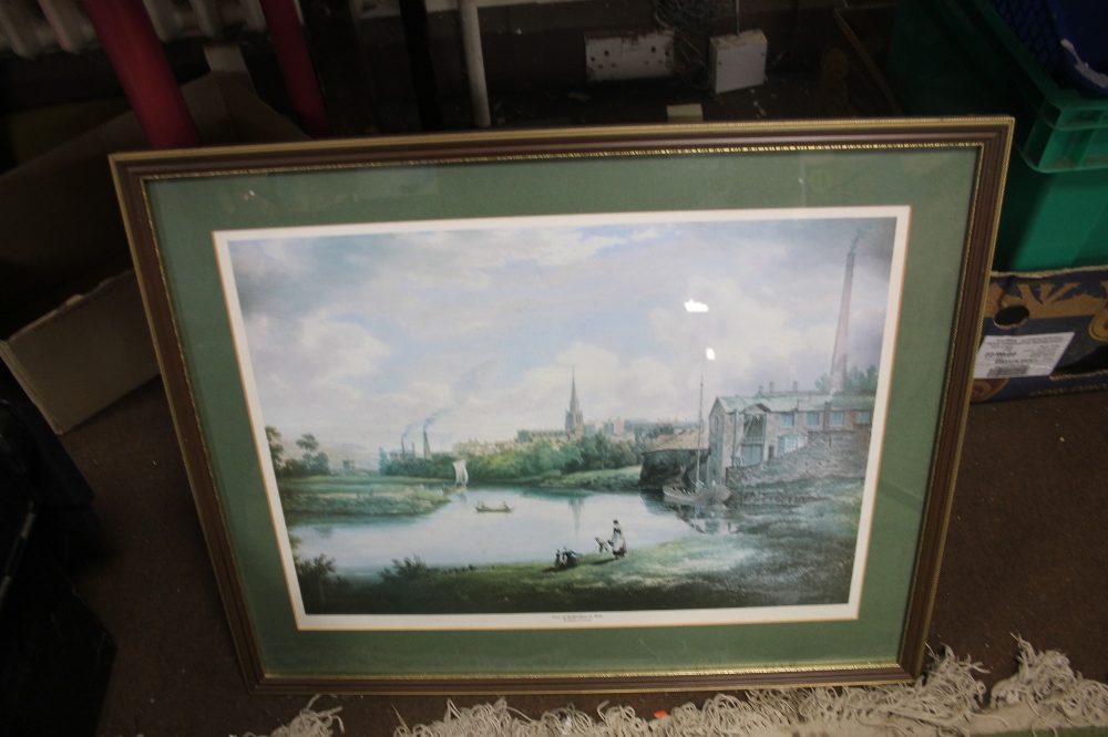 A FRAMED AND GLAZED PRINT TITLED "A VIEW IN ROTHERHAM IN 1828" 66 CM X 54 CM