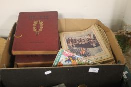 A TRAY CONTAINING A PAIR OF WAR ILLUSTRATED VINTAGE BOOKS, RUPERT BOOK AND A LARGE QUANTITY OF WAR